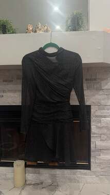 Zara Black Polka Dot Mini Dress XS Long Sleeve Ruched Metallic Detail